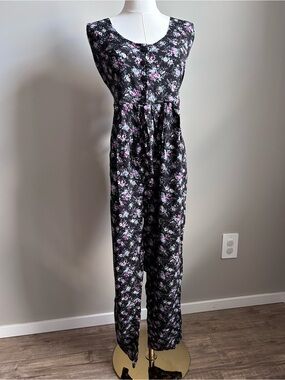 Vintage Sleeveless Black Floral Jumpsuit with Pink & White Flowers Cottagecore